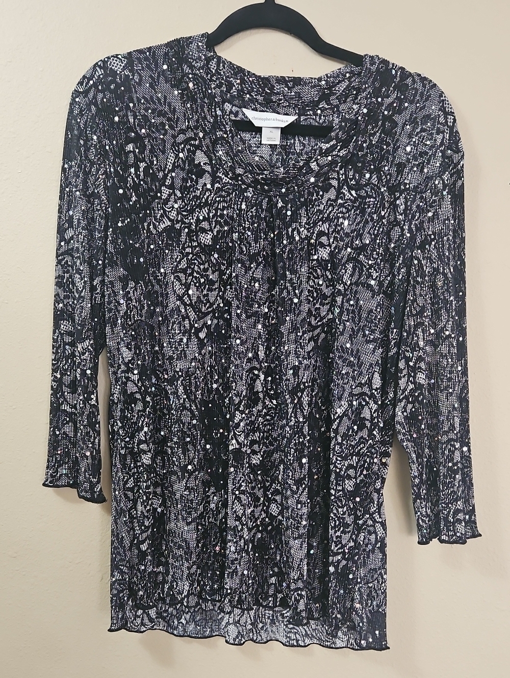 Christopher & Banks Black and White Pleated Long Sleeve Patterned Top